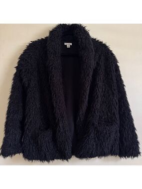 Love Fire Shaggy Black Teddy Jacket, Shawl Collar, Open Front, Size Medium
